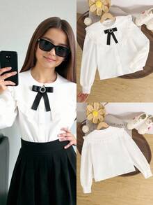 SHEIN Tween Girl Ruffle Collar White Long Sleeve Blouse, Elegant White Long Sleeve Shirt, Preppy White Shirt, Back To School, Autumn - White - View 6