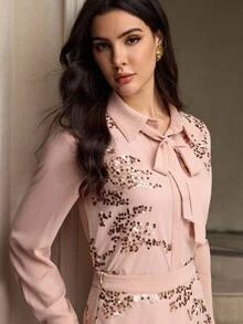 ZEYLAH Elegant Women's Long Sleeve Casual Shirt With Romantic Ribbon Collar And Sequin Decor - Apricot - View 8