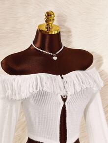 Amplova 女式纯色露肩长袖上衣和迷你裙两件套 - 杏色 - 查看 5