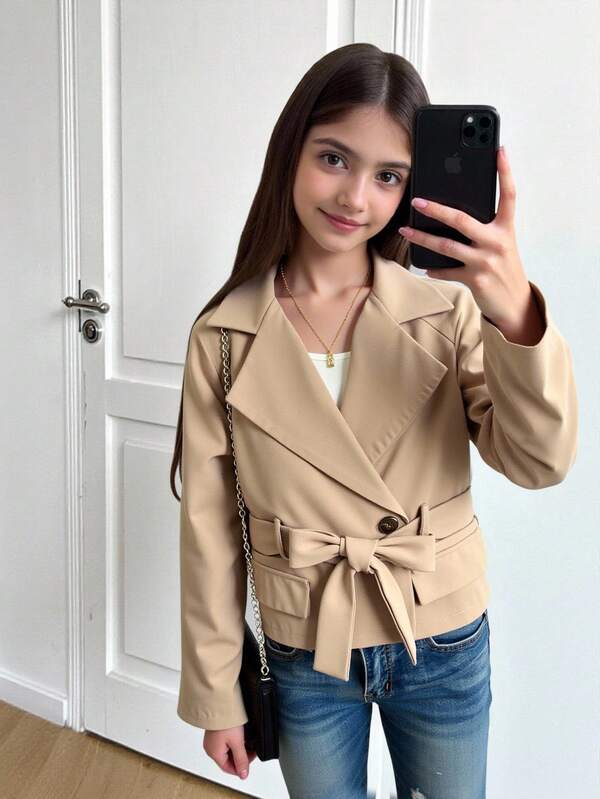 SHEIN Tween Girls Casual Streetwear Commuter Elegant College Style Lapel Buckle Belt Waist Short Loose Woven Plain Color Trench Coat,In Fall/Winter