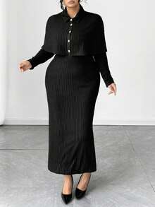 Elenzga Vestido de punto ajustado y elegante de talla grande, adecuado para usar en casa y al aire libre - Blanco y Negro - Ver 1