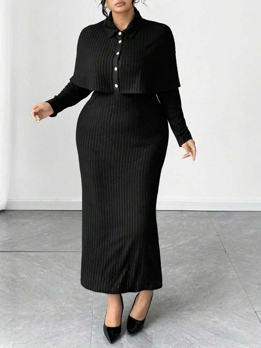 Elenzga Vestido de punto ajustado y elegante de talla grande, adecuado para usar en casa y al aire libre - Blanco y Negro - Ver 1