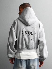 SUMWON Premium Relaxed Fit Classic NYC Logo Cropped Hoodie With Circular Back Design Urban Streetwear Daily Essential Layering Winter Fall Casual - Light Grey - View 2