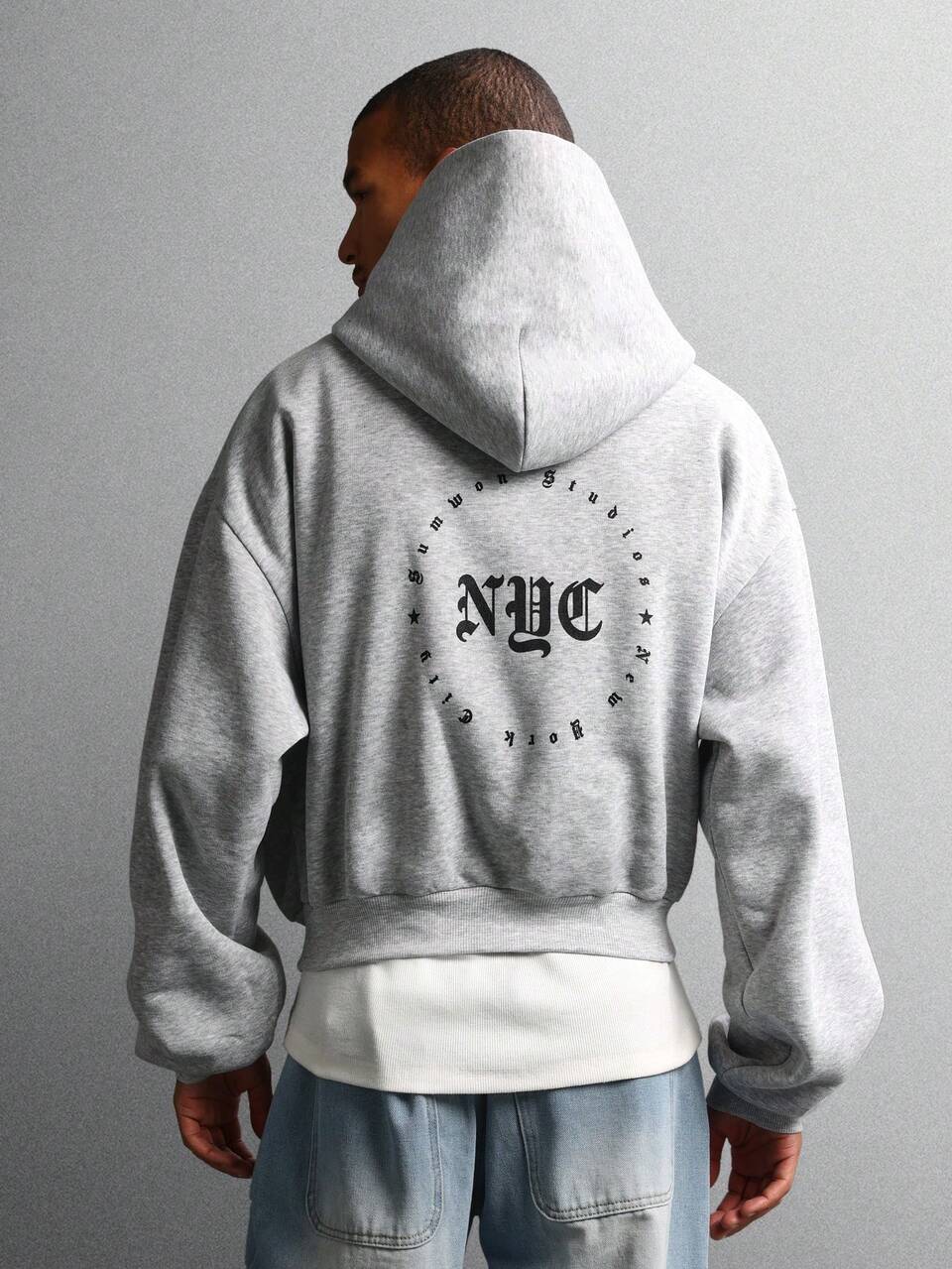 SUMWON Premium Relaxed Fit Classic NYC Logo Cropped Hoodie With Circular Back Design Urban Streetwear Daily Essential Layering Winter Fall Casual