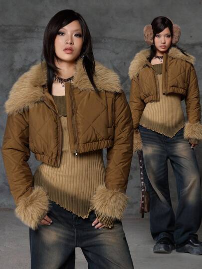  Bloopia Merlot Pumpkin Color Casual Fashion Personalized Minimalist Women Autumn/Winter Halloween Faux Fur Patchwork Long Sleeve Short Padded Coat Fall Cloth For Women