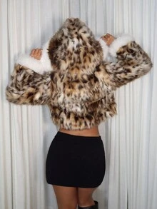 Amplova Y2K Amplova Super Cool Solid Color Fur Strips Spliced Leopard Print Long Sleeves With Hood Super Short Women Faux Fur Coats In Fall/Winter