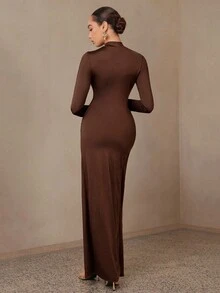 Modelyn 女士时尚性感裹身高开衩连衣裙 - 棕色 - 查看 2