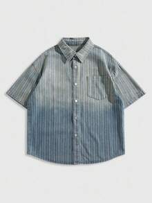 ROMWE MEN Men's Summer Short Sleeve Single-Breasted Pocket Casual Denim Shirt - Blue - View 1