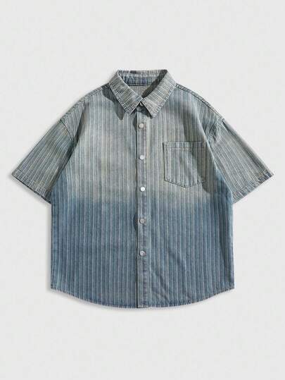 Street Life قميص جينز كاجوال أحادي الصدر بجيب وأكمام قصيرة للرجال في الصيف