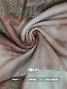 Elenzga 2025年新款秋季女式法式复古扎染印花网眼设计褶皱修身喇叭袖紧身迷你连衣裙 - 彩色 - 查看 5