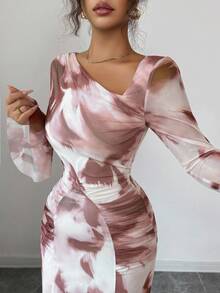 Elenzga 2025年新款秋季女式法式复古扎染印花网眼设计褶皱修身喇叭袖紧身迷你连衣裙 - 彩色 - 查看 6