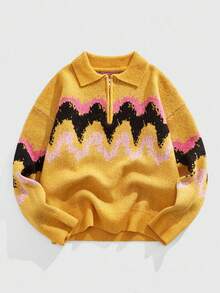 ROMWE MEN Prep Men's Contrast Color Jacquard Half-Zip Drop Shoulder Casual Knit Sweater, Fall Winter - Burnt Orange - View 1
