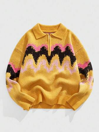 Street Life Maglione casual a mezza chiusura lampo con spalle a caduta, in maglia jacquard a contrasto di colore, autunno inverno, da uomo