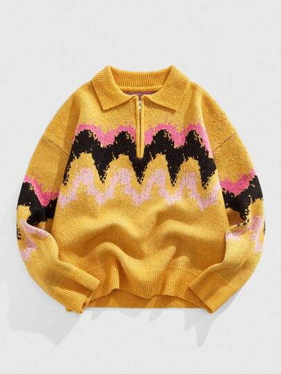 Street Life Men's Contrast Color Jacquard Half-Zip Drop Shoulder Casual Knit Sweater, Fall Winter