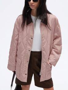 厚尼龙和灯芯绒领钻石绗缝加厚工作服夹克 - 粉色 - 查看 3
