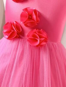 Glamorique Kids 幼儿花童礼服，缎面紫红色连衣裙，带网眼花卉串珠无袖公主礼服 - 玫紅色 - 查看 4