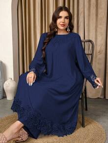 Graceveil 女士圆领长袖长上衣和直筒裤蕾丝拼接宽松休闲高端舒适大码套装 - 藏蓝色 - 查看 5