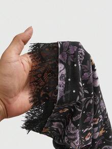 ROMWE Goth Pantalones de mujer con estampado de plantas del bosque oscuro gótico, cintura elástica y parches de encaje