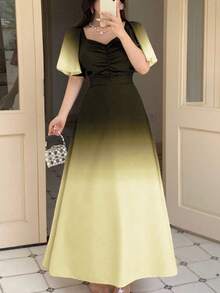 Modelyn 女式黑色和粉色渐变色蝙蝠印花褶饰短袖甜美法式夏装 - 黃色 - 查看 1