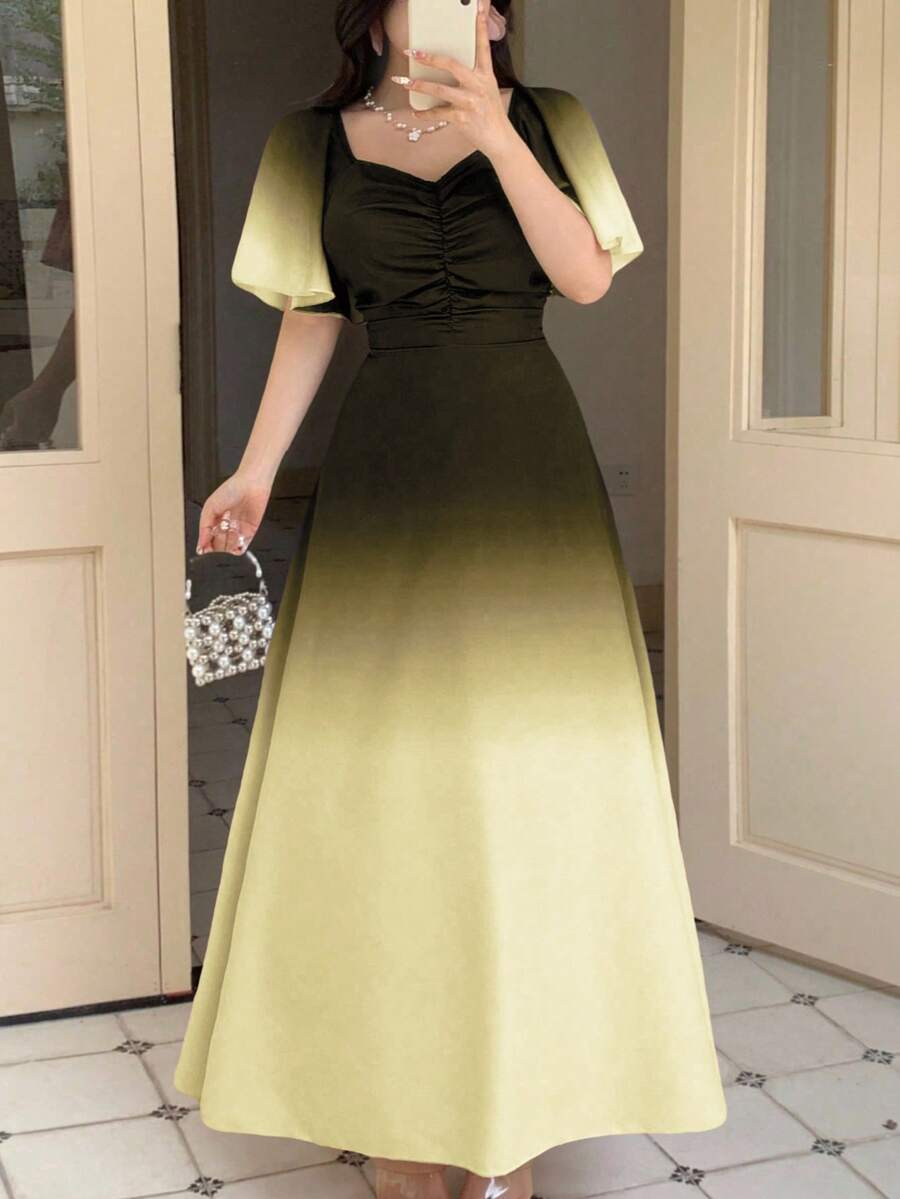 Modelyn 女式黑色和粉色渐变色蝙蝠印花褶饰短袖甜美法式夏装 - 黃色 - 查看 1