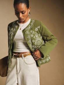 Poéselle 女士休闲复古保暖长袖纽扣式棉服 - 軍綠色 - 查看 8