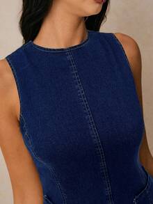 Poéselle 女士休闲简约修身圆领无袖牛仔连衣裙 - 深色水洗藍 - 查看 3