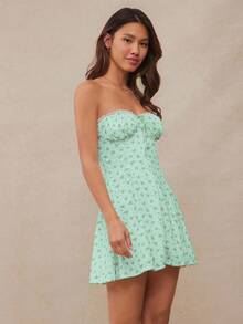 WESTFADE Spring Floral Printed Pointelle Knit & Boho Ruffle Lace Sweetheart Neck Cute Bow Tie Front Smocked Back Strapless A-Line Mini Dress Summer Western Cowgirl Music Concert Outfit - Green - View 3