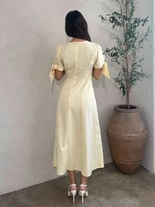 Andrea Bello Solid Color V-Neck Button Cuff Bowknot Elegant Women Long Dress - Yellow - View 2
