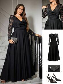 Ellevyn فستان نسائي أنيق مقاس كبير مع تصميم من الدانتيل والتكشيرات عند الرقبة - الأسود - مشاهدة 2