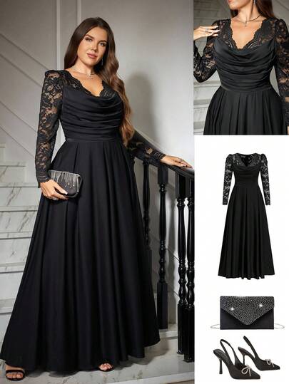 Ellevyn Vestido de mujer talla grande elegante con cuello drapeado y parches de encaje