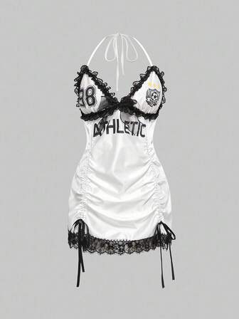 ROMWE Avant Abito da donna in stile retrò sportivo Y2K, con ballerina in jersey, pizzo a contrasto, patchwork e stampa di lettere e numeri, con coulisse