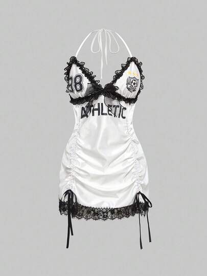 ROMWE Avant Women's Y2K Jersey Retro Sports Ballerina Style Lace Contrast Color Patchwork Letter & Number Print Drawstring Dress