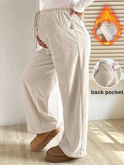 SHEIN Pregnant Women's Casual Autumn/Winter Fleece Pocket Drawstring Sweatpants Maternity Pants Winter Clothes For Women Fall Clothes For Women Women Pants Casual Loose Pants For Women Women Corduroy Pants Pregnancy Pants Warm And Flannel
