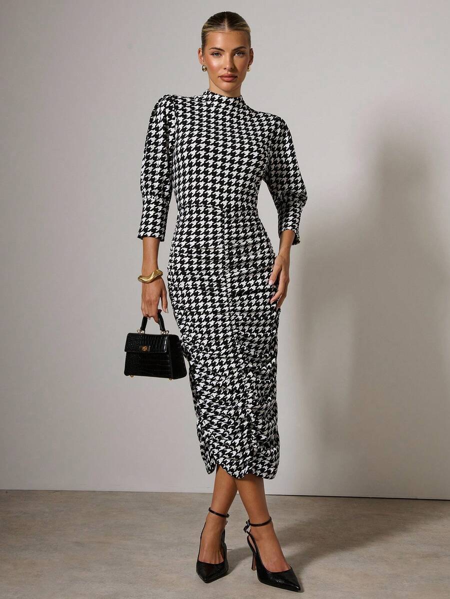 COSMINA Women's Stand Collar 3/4 Sleeve Pleated Houndstooth Elegant Midi Dress, Black And White Dress