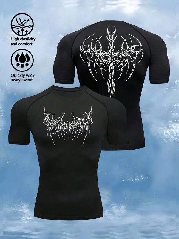 Manfinity Sport Corelite Men's Gothic Letter Print Round Neck Raglan Sleeve Sport T-Shirt Workout Tops Gym Top Compression Shirt Breathable Fitted Shirt Crew Neck