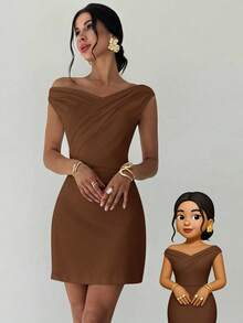 Firerie 女士优雅简约时尚性感日常通勤音乐节度假不对称领口垂褶白色A字迷你连衣裙，春夏婚礼宾客礼服 - 棕色 - 查看 1