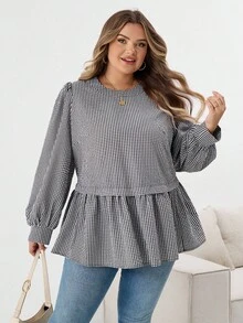 SHEIN CURVE+ Áo sơ mi tay loe cổ tròn kẻ caro đen trắng cỡ lớn thường ngày/Mùa thu/Mùa đông - Đen và trắng - Xem 6