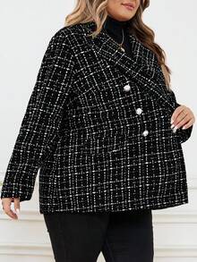 SHEIN CURVE+ Blazer casual con colletto a tacca, manica lunga, bottoni davanti, in tessuto a quadri, adatto per taglie comode, in materiale tweed, giacca blazer nera, giacca invernale da donna, con paillettes, adatta per feste, autunno/inverno