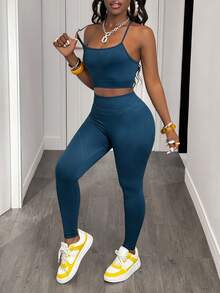 Slaydiva 女式夏季交叉后背吊带背心和紧身七分紧身裤运动套装健身紧身裤健身套装 - 水鴨藍 - 查看 3