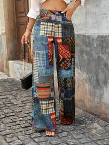 EMERY ROSE Women's Patchwork Print Loose High Waist Wide Leg Jeans - Multicolor - View 9