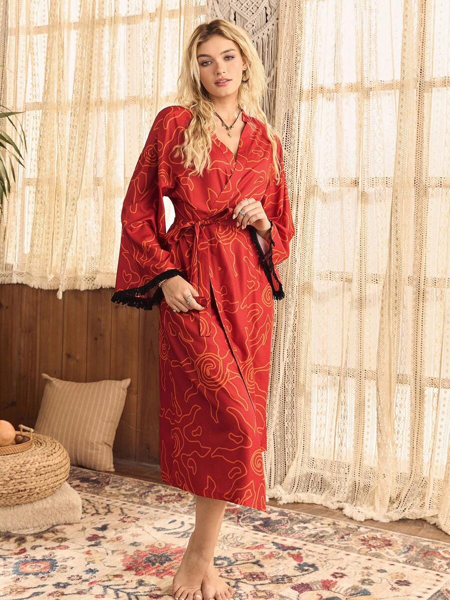Lullawish Bohemian Eye & Sun Pattern Bubble Crinkle Women Sleepwear Robe, Fall