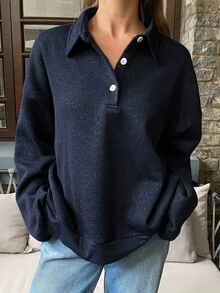 DAZY 女式宽松 Polo 领亮面面料长袖运动衫 - 藏蓝色 - 查看 1