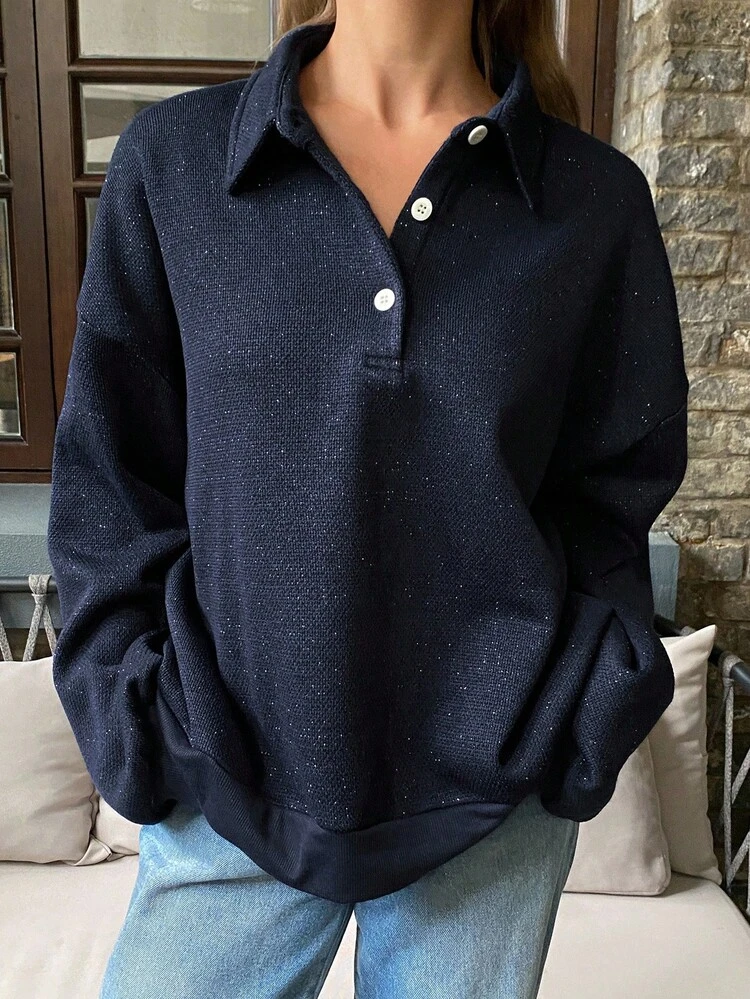 Women's Loose Fit Polo Collar Shiny Fabric Long Sleeve Sweatshirt