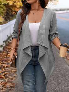 Rusticease Plus Size  Fashion Asymmetrical Collar Design Long Knit Cardigan For Going Out And Work Fall Autumn,Spring - Grey - View 3