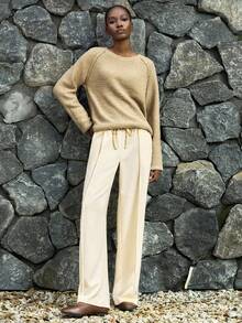 Lumivelle 女士休闲柔软宽松直筒抽绳裤，秋季 - 杏色 - 查看 6