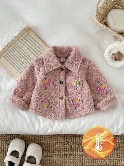 SHEIN Baby Mädchen Dicke Fleece Jacke mit bestickter Blumen Kragen, Langarm, Herbst/Winter