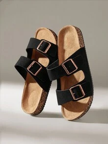 Solecia 时尚扣平底软木拖鞋，度假风格夏季男士沙滩带户外休闲凉鞋 - 黑色 - 查看 2