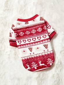 PETSIN 1 件宠物圣诞红熊心雪花几何提花羊毛保暖圆领狗狗运动衫