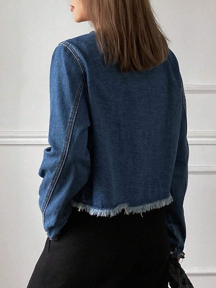 Vintage Washed Denim Jacket With Crochet Trim, Elegant Short Casual Crew Neck Split Hem Outerwear For Women, Autumn/Winter Y2k