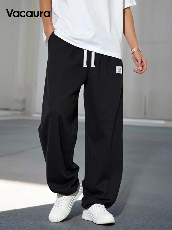 SHEIN 1pc Men & Teenage Boys' Fashionable Black Soft Comfortable Casual Pants, Suitable For Outdoor, Sports, School, Versatile Wear, With White Drawstring Waist, Essential Trouser Item Chic Outfits For Autumn/Winter Fall